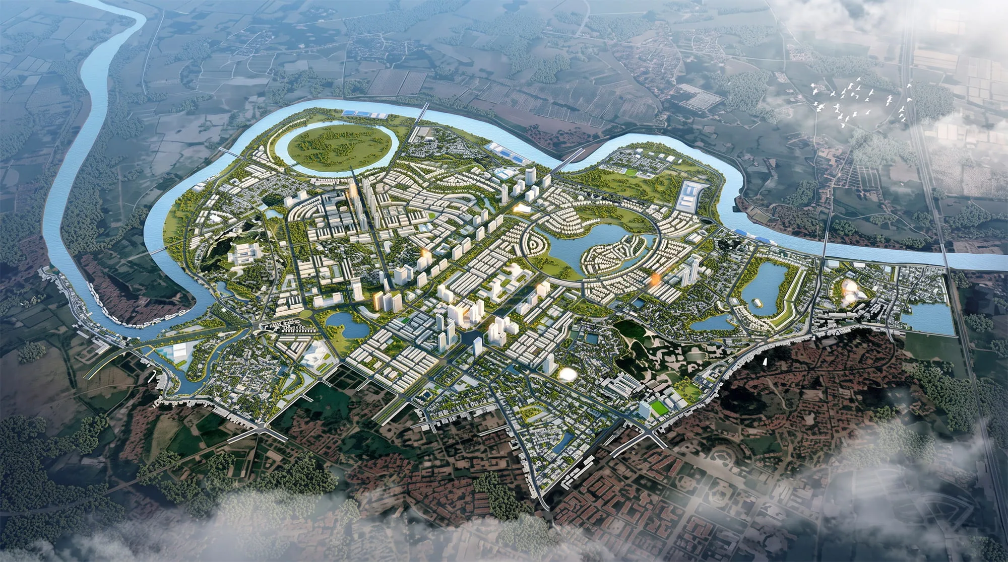 Phối cảnh Vinhomes King Park Bắc Ninh với hệ thống sông nước, khu đô thị, công viên và mạng lưới giao thông quy hoạch