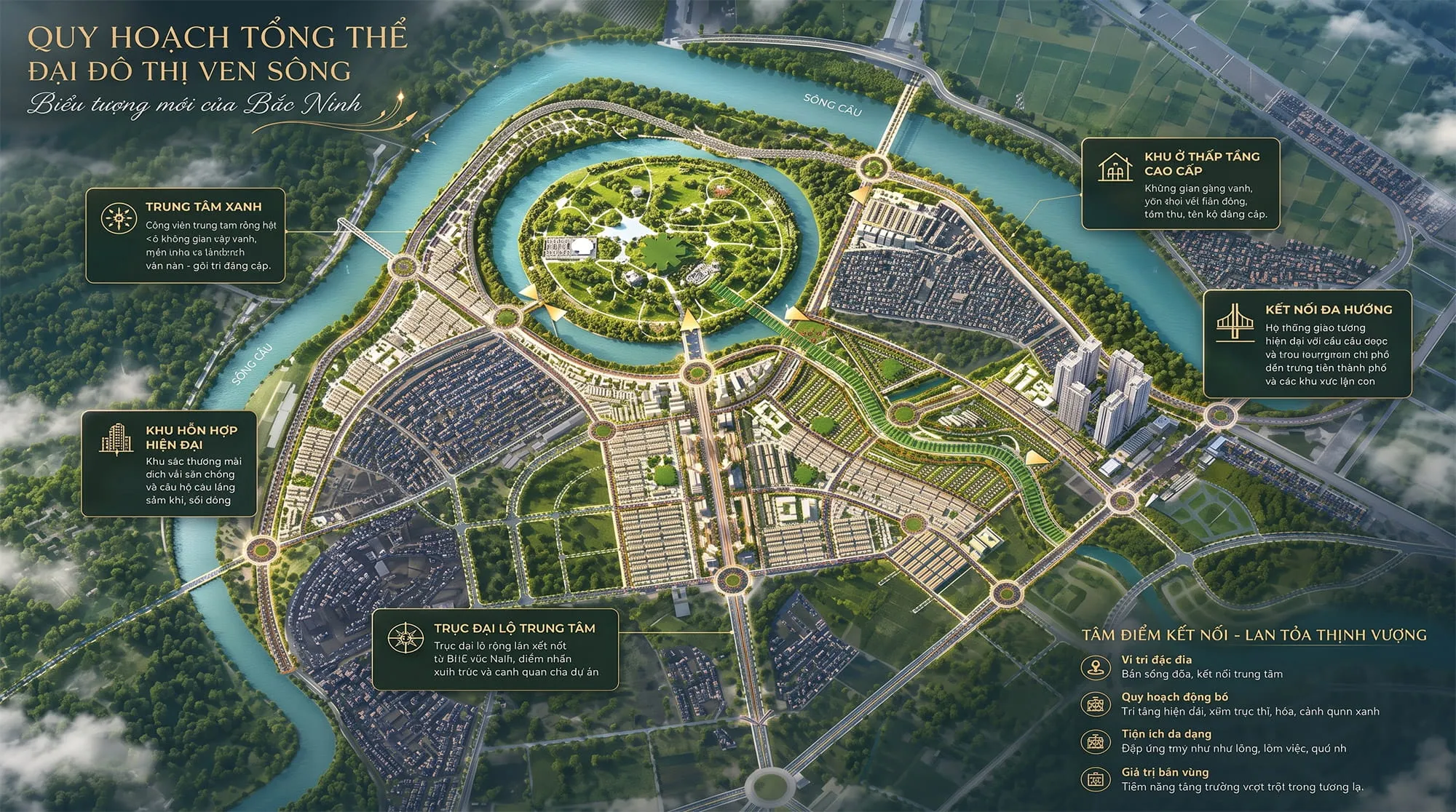 Quy hoạch tổng thể Vinhomes King Park với công viên trung tâm, khu thấp tầng, khu hỗn hợp và hệ thống giao thông kết nối đa hướng